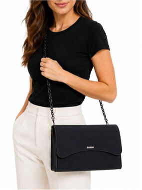 SAVE MY BAG Bella Maxi Crossbody Bag Purse Black Neoprene Flap Close Chain Strap